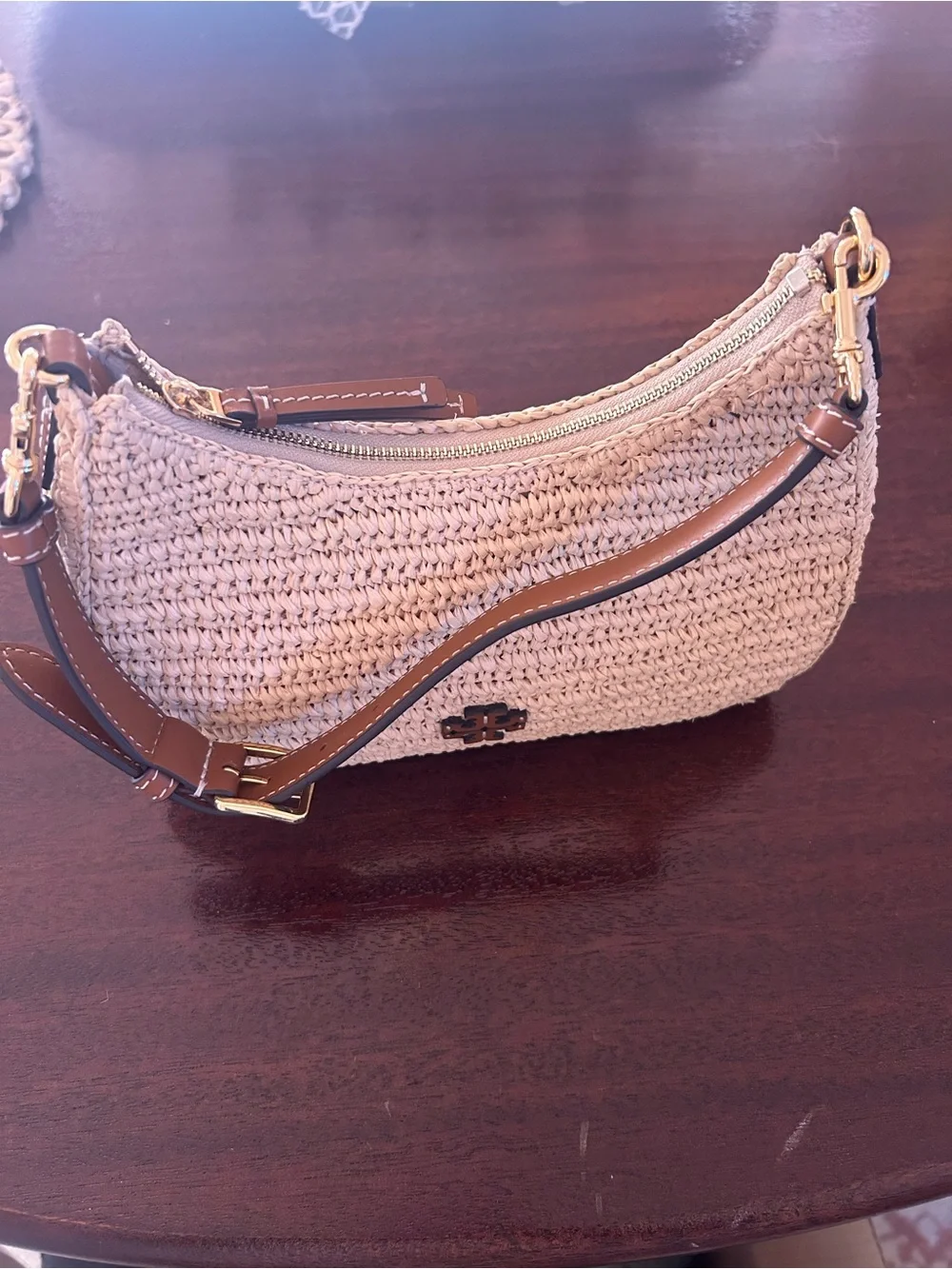 Tory Burch Cream Woven Straw Hobo with Brown Leather Trim